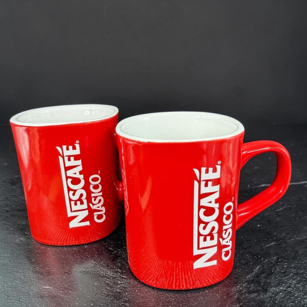 Nescafe Clasico Coffee Mugs Set of 2 Red Ceramic Nestle Advertising Cups 3.5in